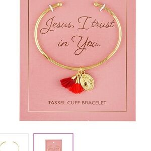 Divine Mercy Brass Gold plated red Tassel Cuff Bracelet with Divine Mercy charm